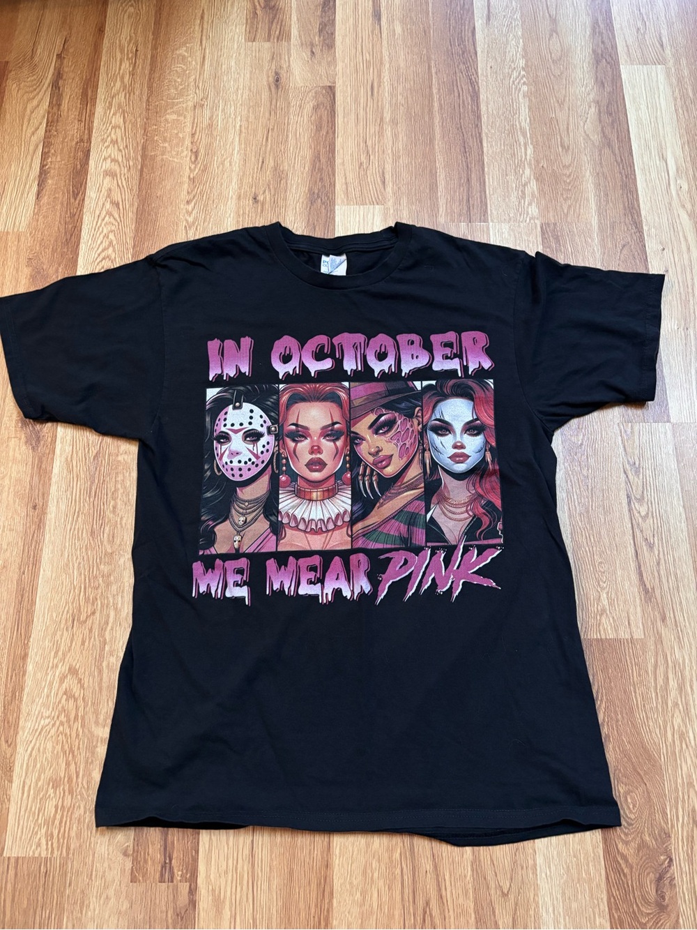 In October We Wear Pink Horror Characters T-Shirt women’s Medium